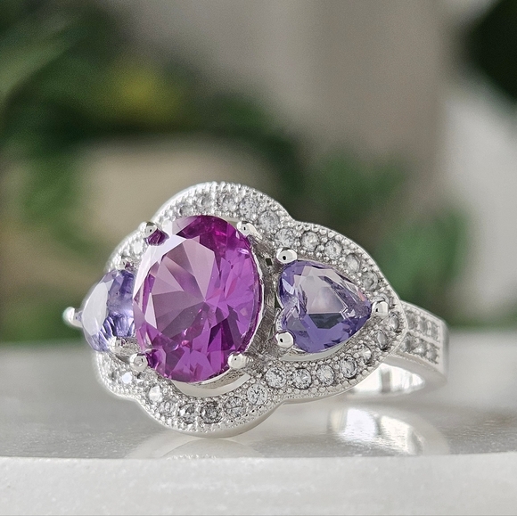 Fancy Oval Purple Amethyst Ring, 925 Sterling Silver Charmed Aroma - Picture 2 of 9